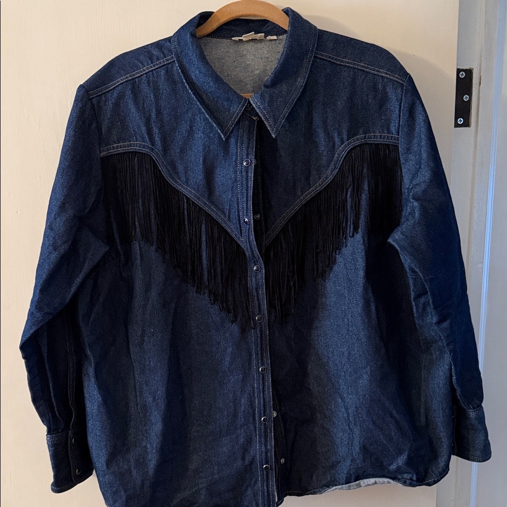 Anthropologie Denim Fringe Button-Up Shirt